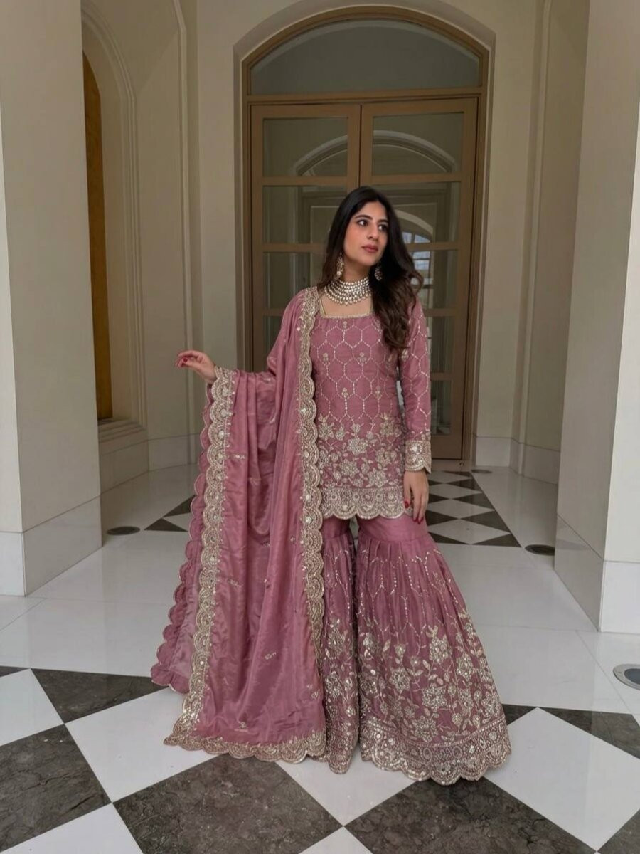 Pink Pure Heavy Gmy Silk Embroidery Sequins Mirror Hand Work Wedding Party Festival Casual Ready Sharara Pant Salwar Kameez