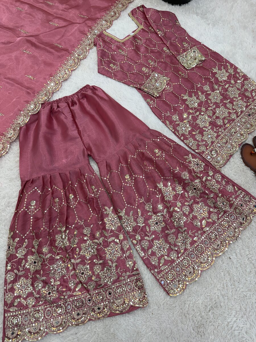Pink Pure Heavy Gmy Silk Embroidery Sequins Mirror Hand Work Wedding Party Festival Casual Ready Sharara Pant Salwar Kameez