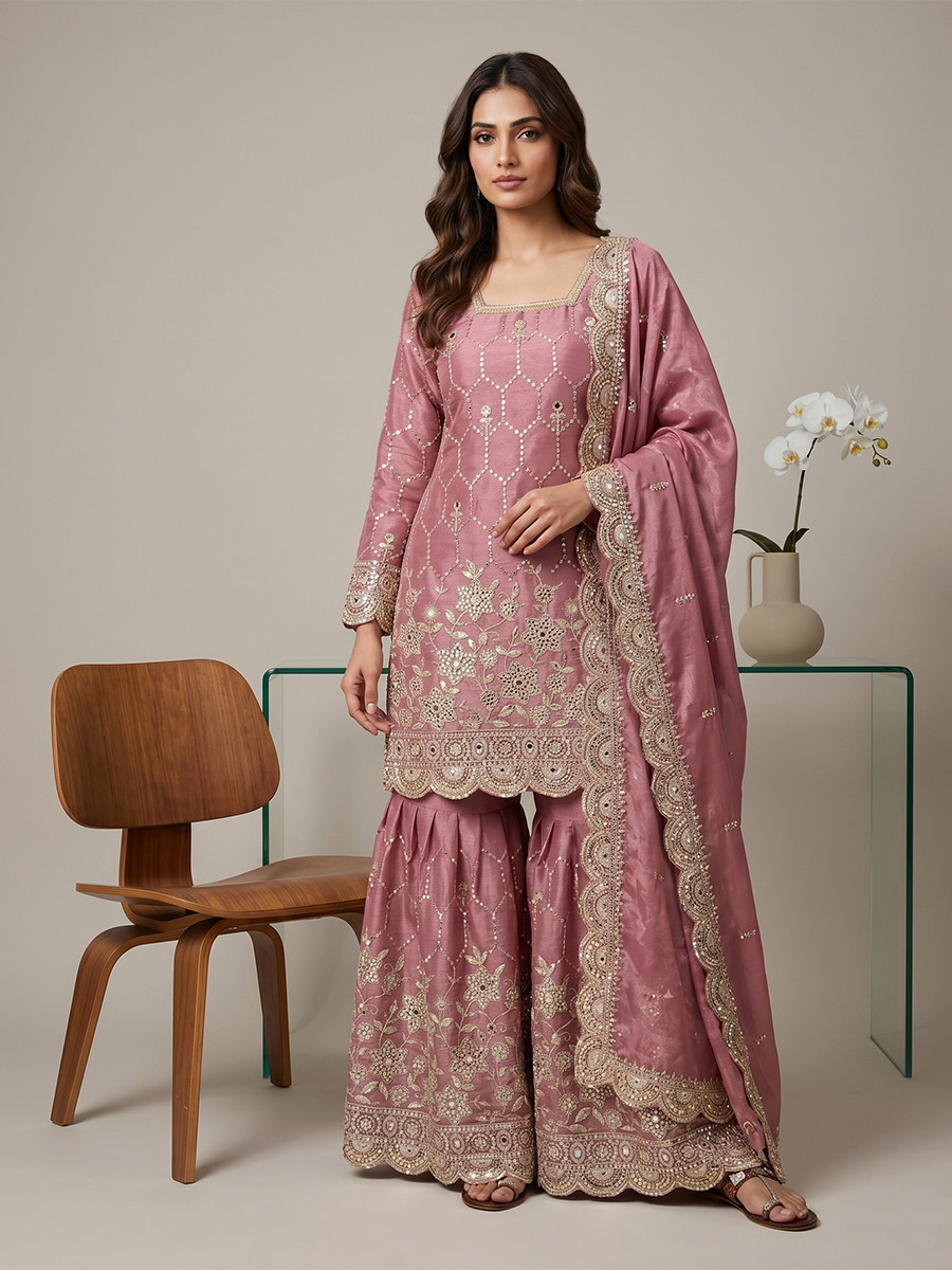 Pink Pure Heavy Gmy Silk Embroidery Sequins Real Mirror Hand Work Wedding Party Festival Casual Ready Sharara Pant Salwar Kameez