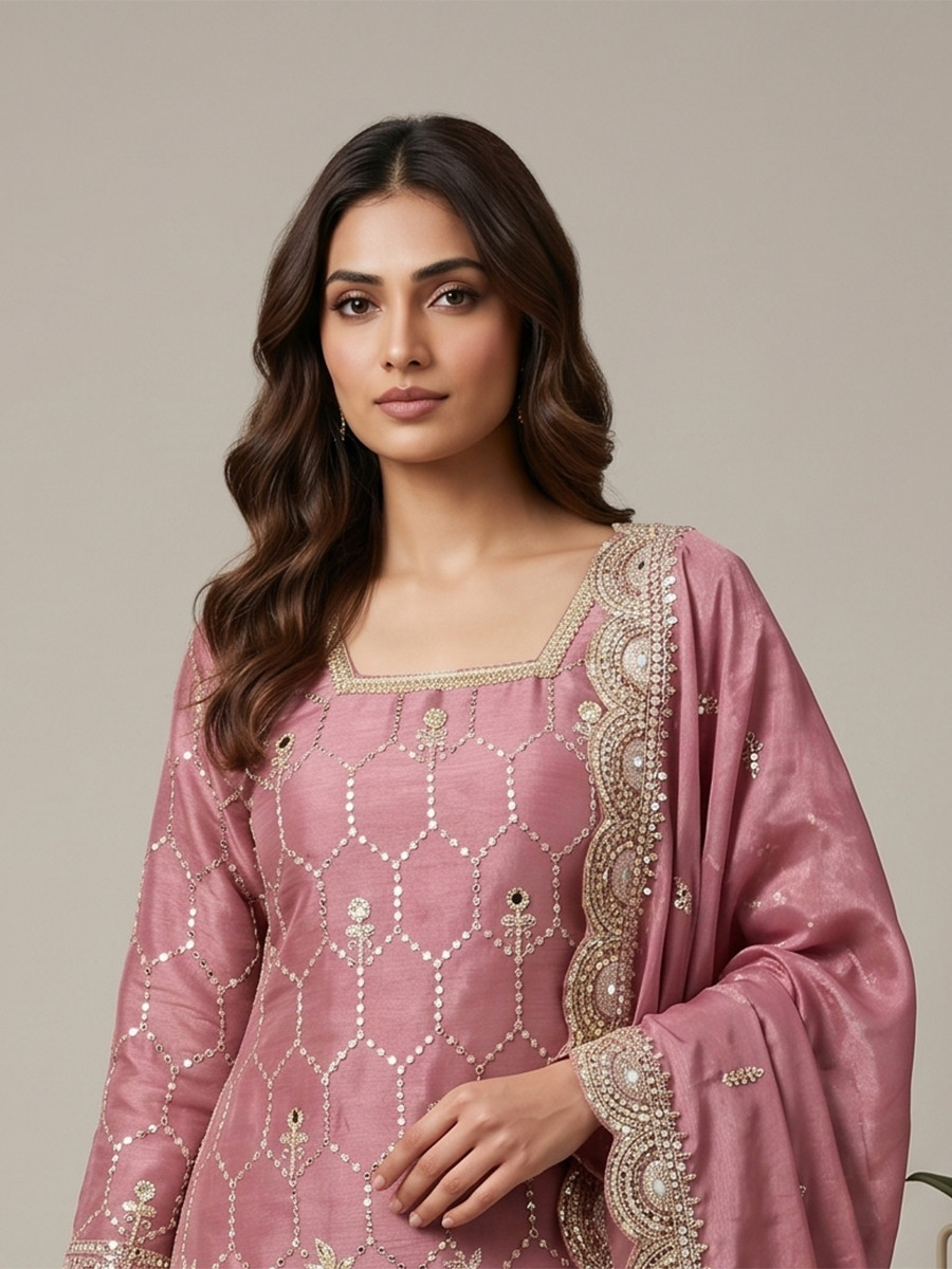 Pink Pure Heavy Gmy Silk Embroidery Sequins Real Mirror Hand Work Wedding Party Festival Casual Ready Sharara Pant Salwar Kameez