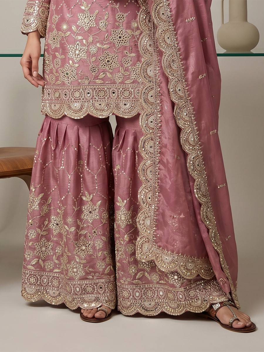 Pink Pure Heavy Gmy Silk Embroidery Sequins Real Mirror Hand Work Wedding Party Festival Casual Ready Sharara Pant Salwar Kameez