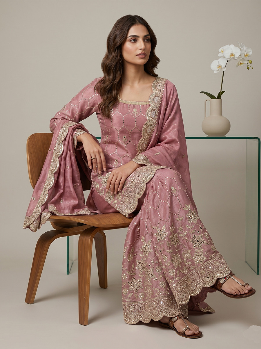 Pink Pure Heavy Gmy Silk Embroidery Sequins Real Mirror Hand Work Wedding Party Festival Casual Ready Sharara Pant Salwar Kameez