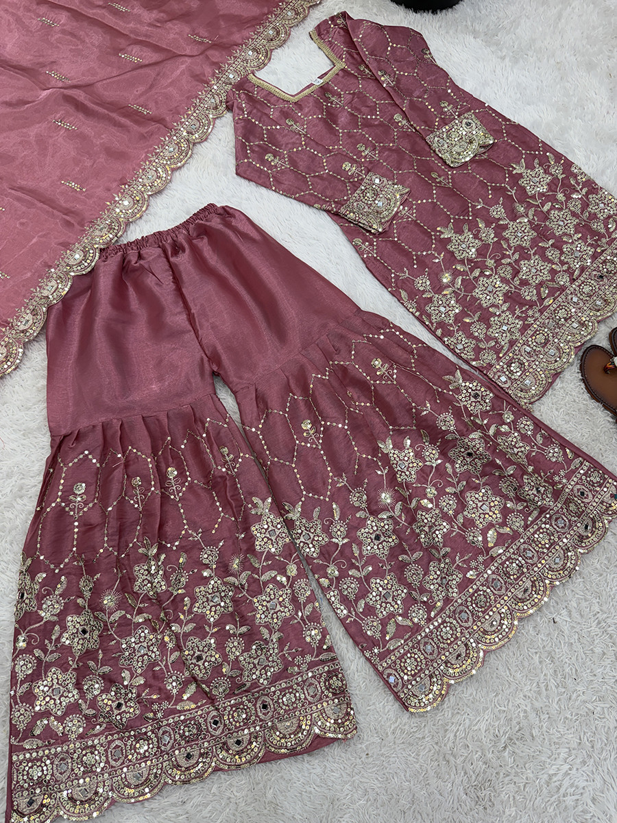 Pink Pure Heavy Gmy Silk Embroidery Sequins Real Mirror Hand Work Wedding Party Festival Casual Ready Sharara Pant Salwar Kameez
