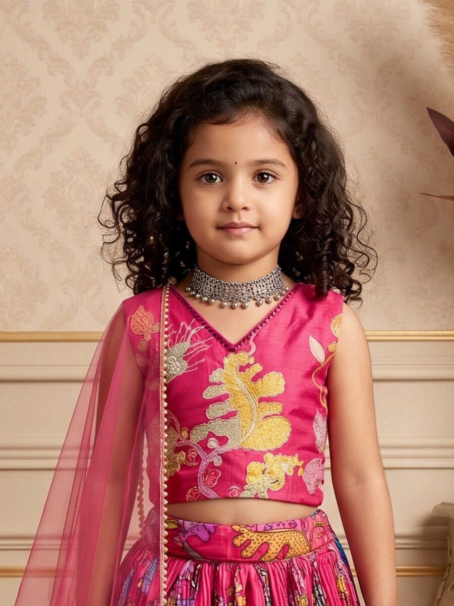 Pink Pure Heavy Natural Crep Printed Embroidered Ethnic Casual Festival Party Wedding Lehengas Girls Wear