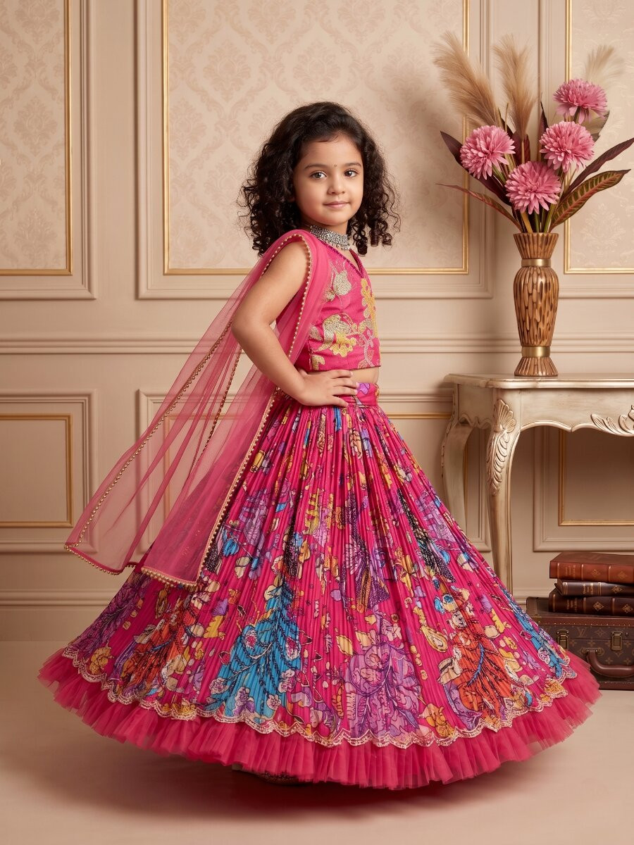 Pink Pure Heavy Natural Crep Printed Embroidered Ethnic Casual Festival Party Wedding Lehengas Girls Wear