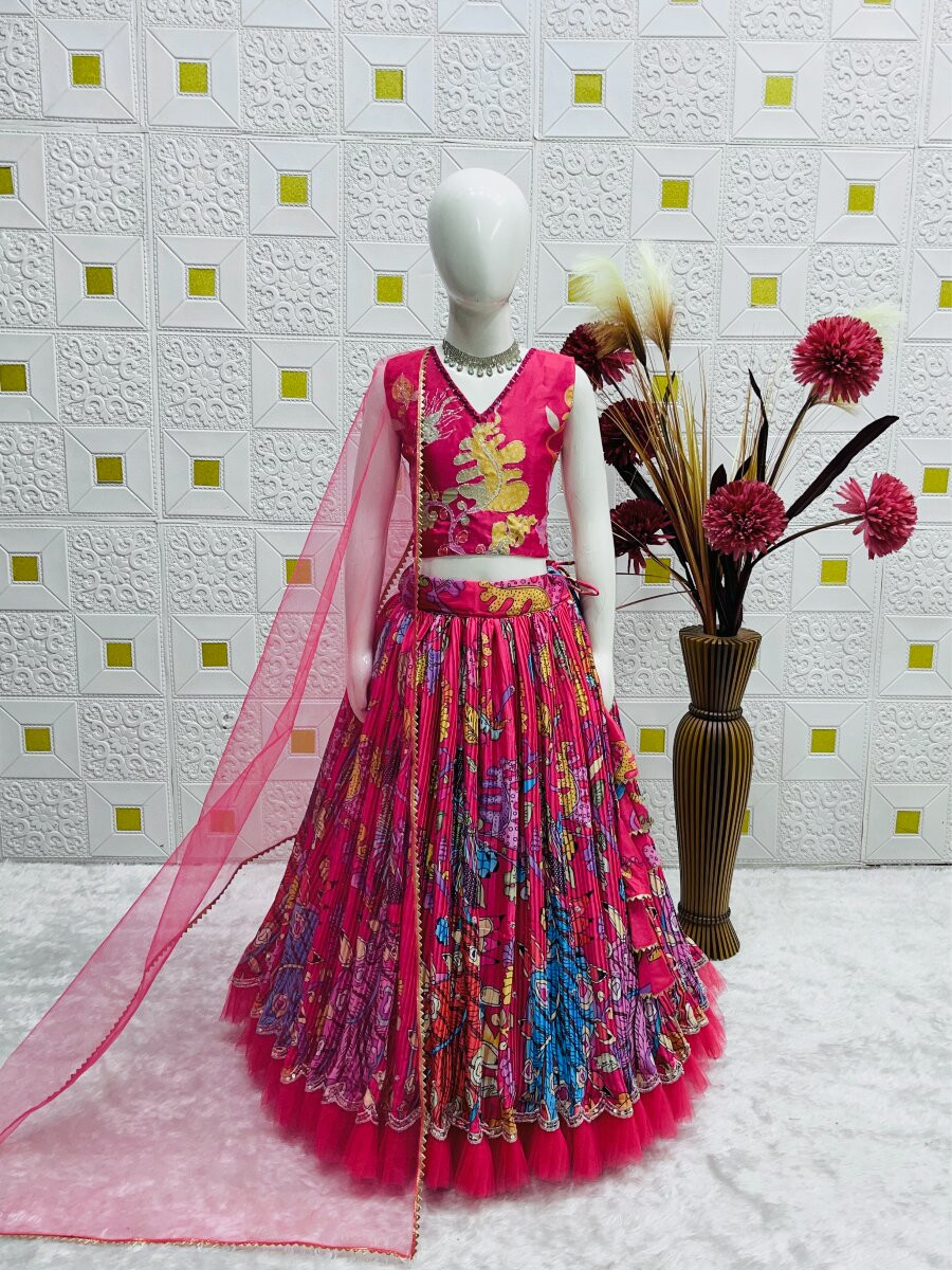 Pink Pure Heavy Natural Crep Printed Embroidered Ethnic Casual Festival Party Wedding Lehengas Girls Wear