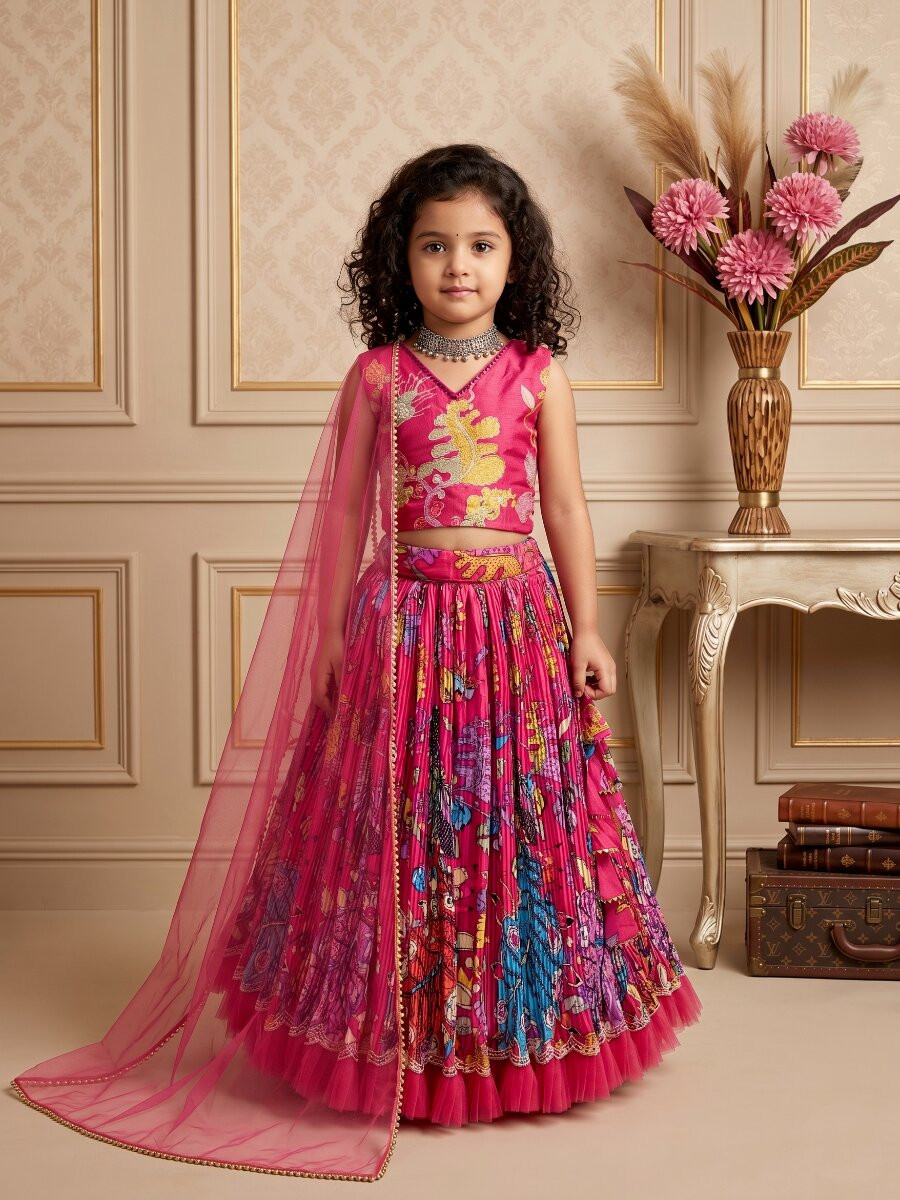 Pink Pure Heavy Natural Crep Printed Embroidered Ethnic Casual Festival Party Wedding Lehengas Girls Wear