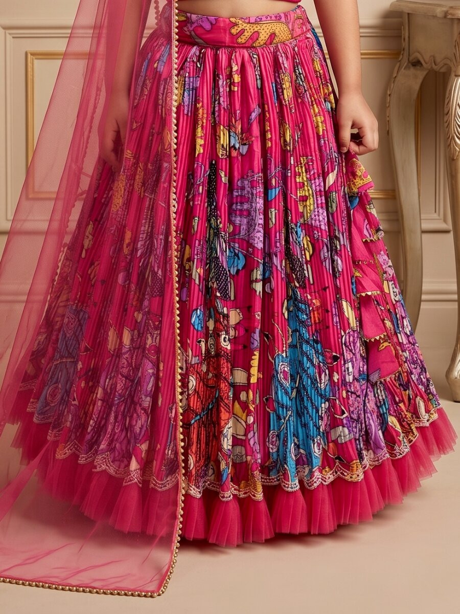 Pink Pure Heavy Natural Crep Printed Embroidered Ethnic Casual Festival Party Wedding Lehengas Girls Wear