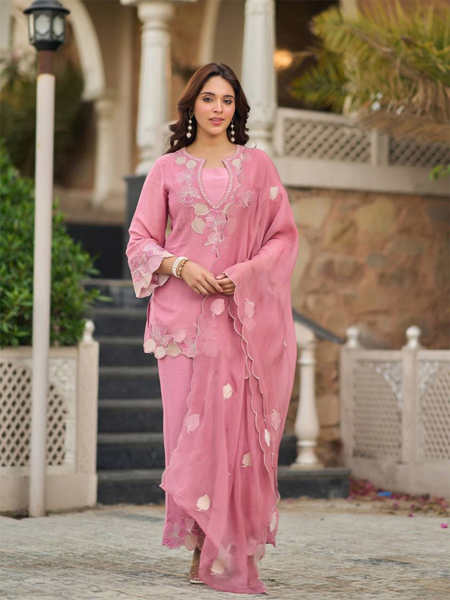 Pink Pure Heavy Natural Satin Embroidery Sequins Wedding Party Festival Casual Ready Palazzo Pant Salwar Kameez