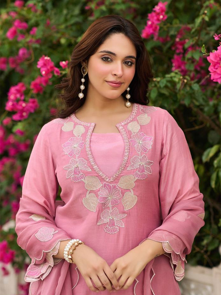 Pink Pure Heavy Natural Satin Embroidery Sequins Wedding Party Festival Casual Ready Palazzo Pant Salwar Kameez