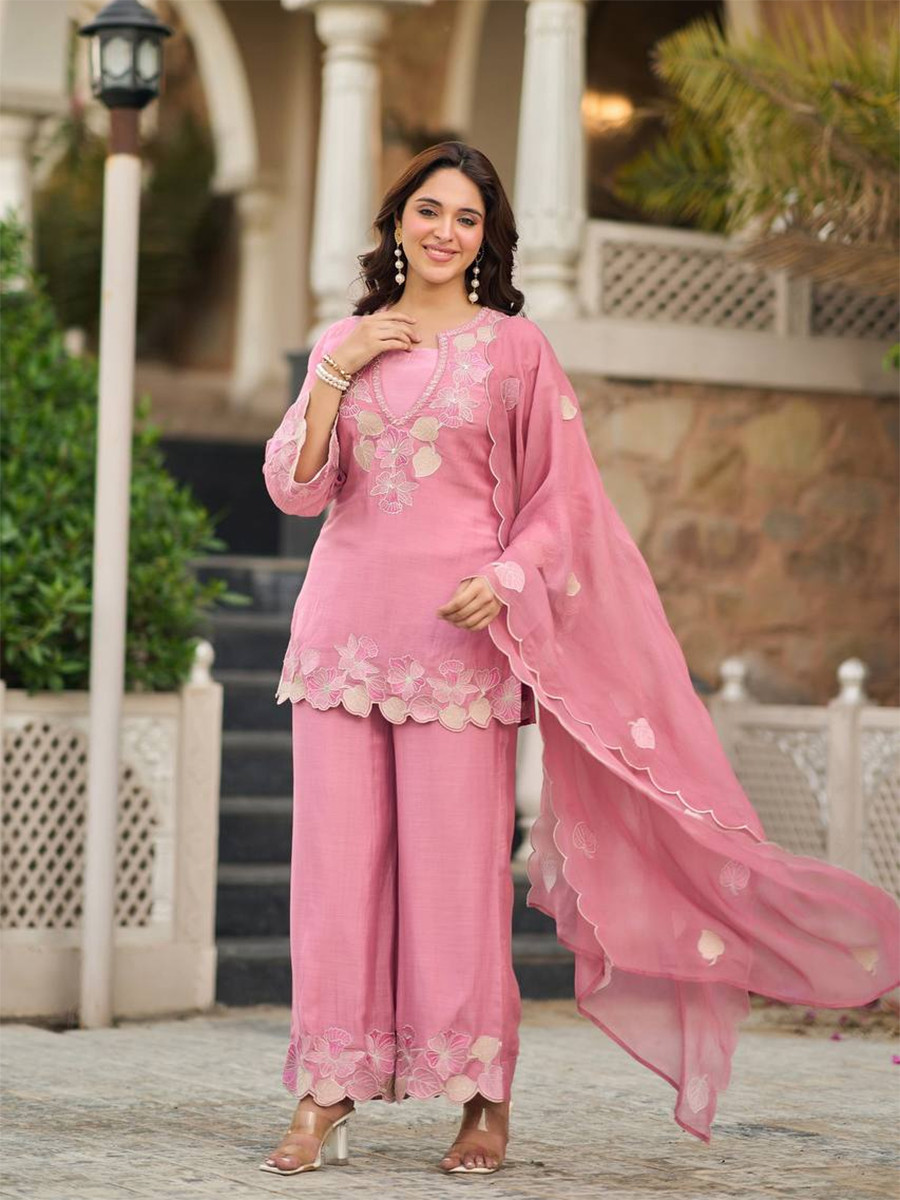 Pink Pure Heavy Natural Satin Embroidery Sequins Wedding Party Festival Casual Ready Palazzo Pant Salwar Kameez