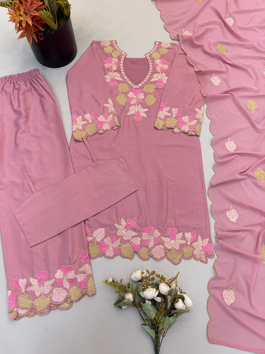 Pink Pure Heavy Natural Satin Embroidery Sequins Wedding Party Festival Casual Ready Palazzo Pant Salwar Kameez