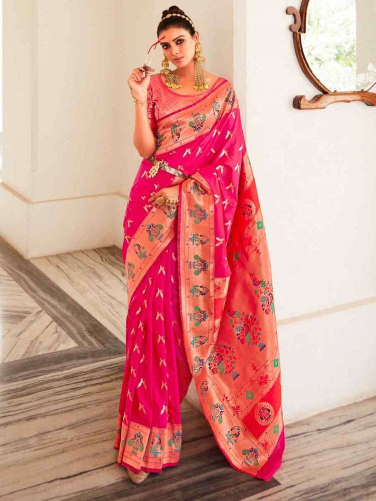 Pink Pure Heavy Silk  Handwoven Wedding Festival Heavy Border Saree