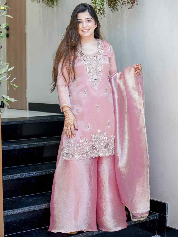 Image of Pink Pure Jimmy Choo Silk Embroidery Party Wedding Festival Casual Ready Palazzo Pant Salwar Kameez