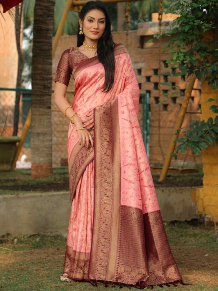Pink Pure Kanjivaram Soft Silk Handwoven Wedding Festival Heavy Border Saree