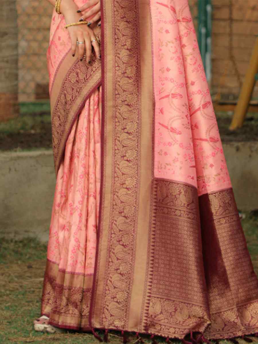 Pink Pure Kanjivaram Soft Silk Handwoven Wedding Festival Heavy Border Saree