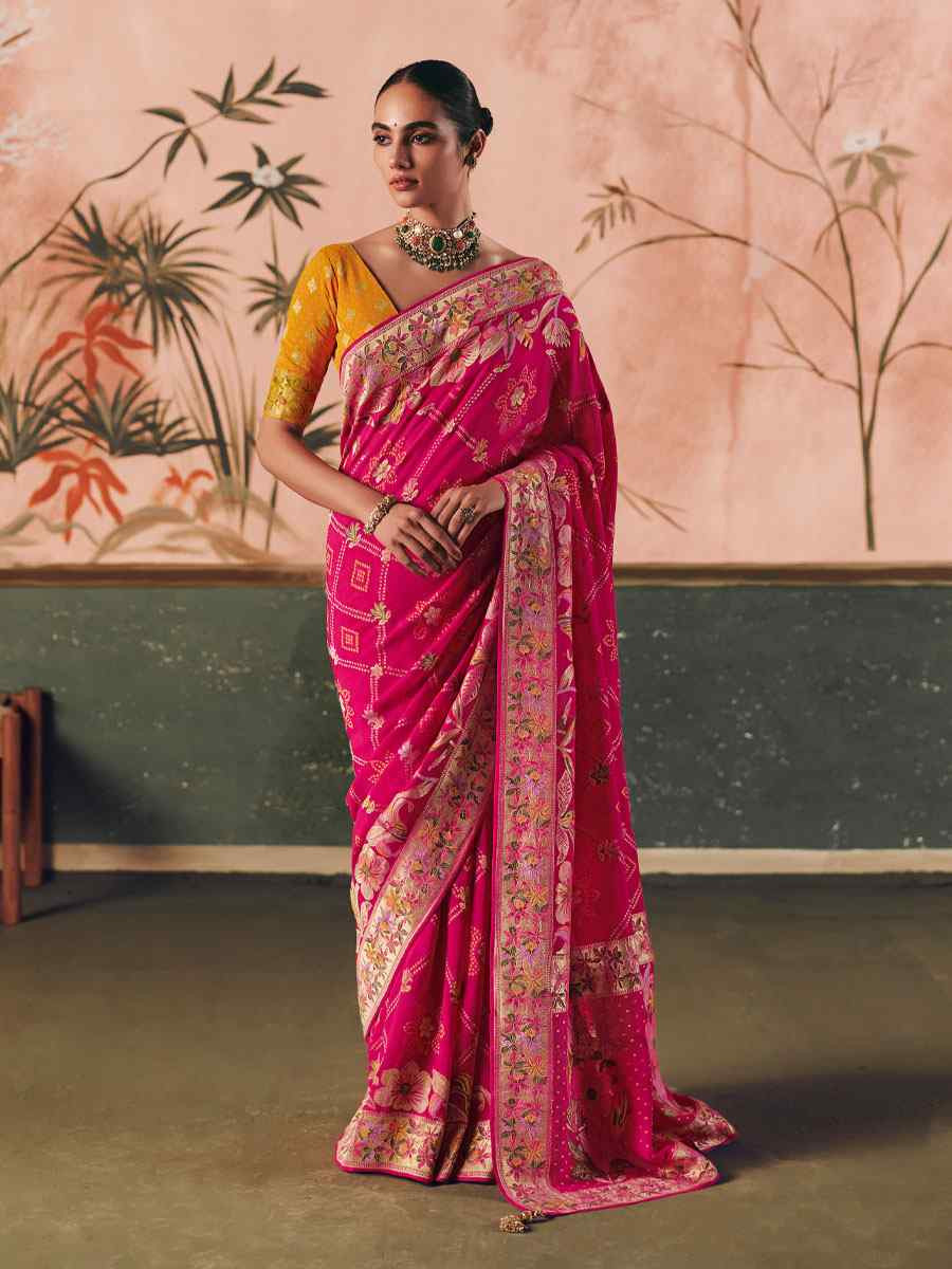 Pink Pure Khaddi Georgette With Designer Bandhej Weaving Zari Handwoven Bridal Reception Festival Wedding Fancy Heavy Border Saree