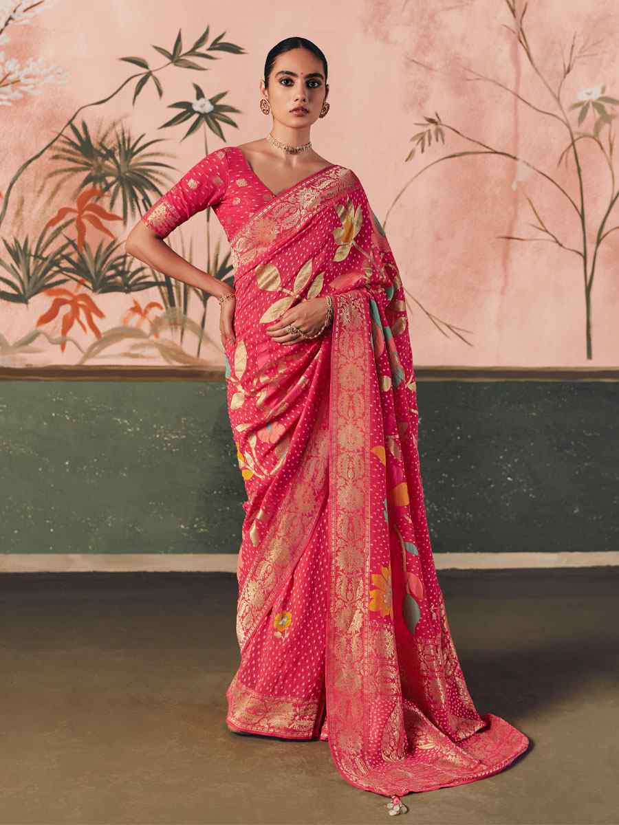 Pink Pure Khaddi Georgette With Designer Bandhej Weaving Zari Handwoven Bridal Reception Festival Wedding Fancy Heavy Border Saree