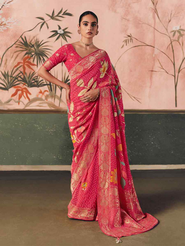 Image of Pink Pure Khaddi Georgette With Designer Bandhej Weaving  Zari Handwoven Bridal Reception Festival Wedding Fancy Heavy Border Saree