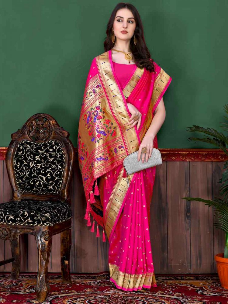 Pink Pure Lichi Silk Handwoven Wedding Festival Heavy Border Saree