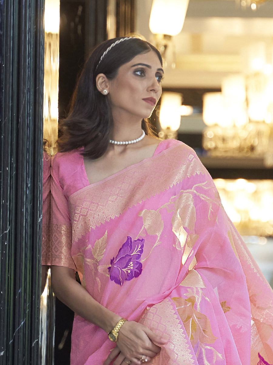 Pink Pure Linen Handwoven Wedding Festival Heavy Border Saree
