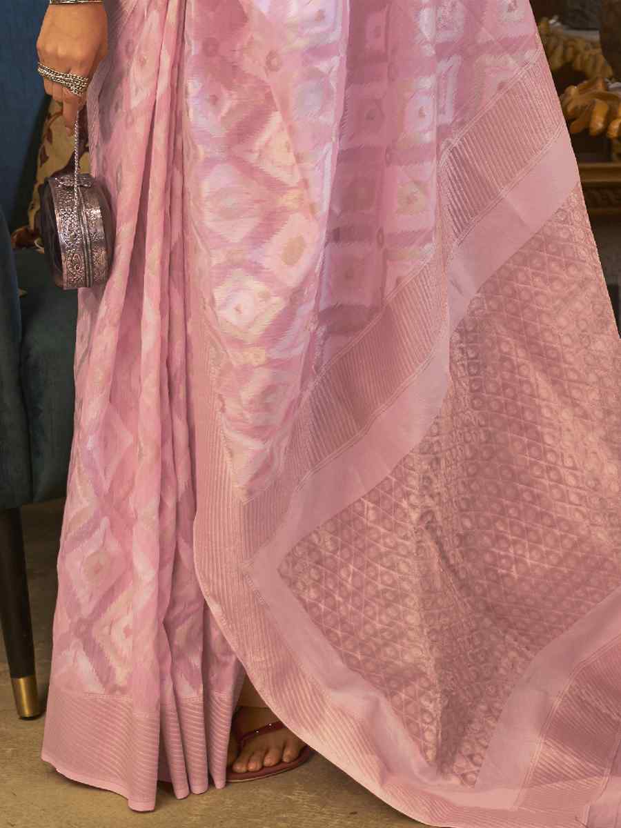 Pink Pure Linen Handwoven Wedding Festival Heavy Border Saree