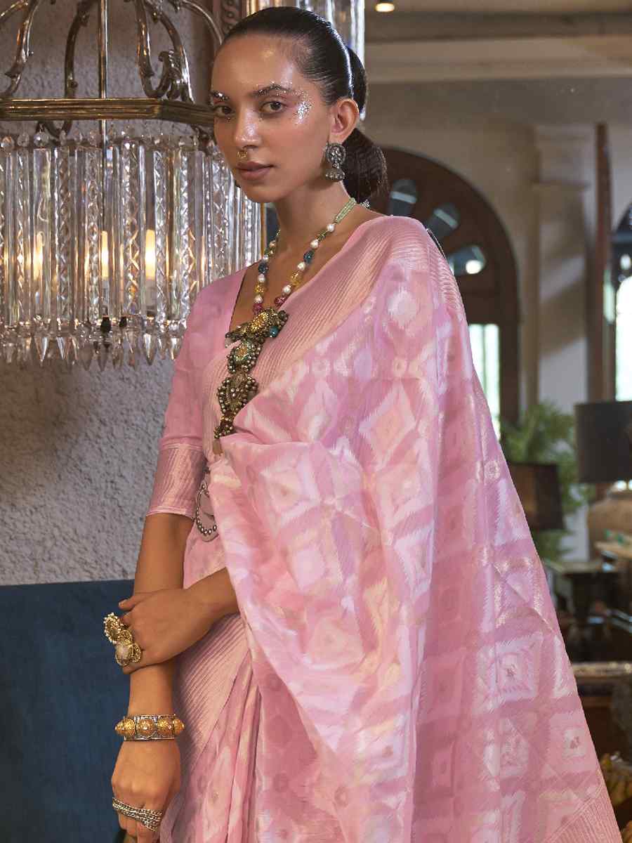 Pink Pure Linen Handwoven Wedding Festival Heavy Border Saree