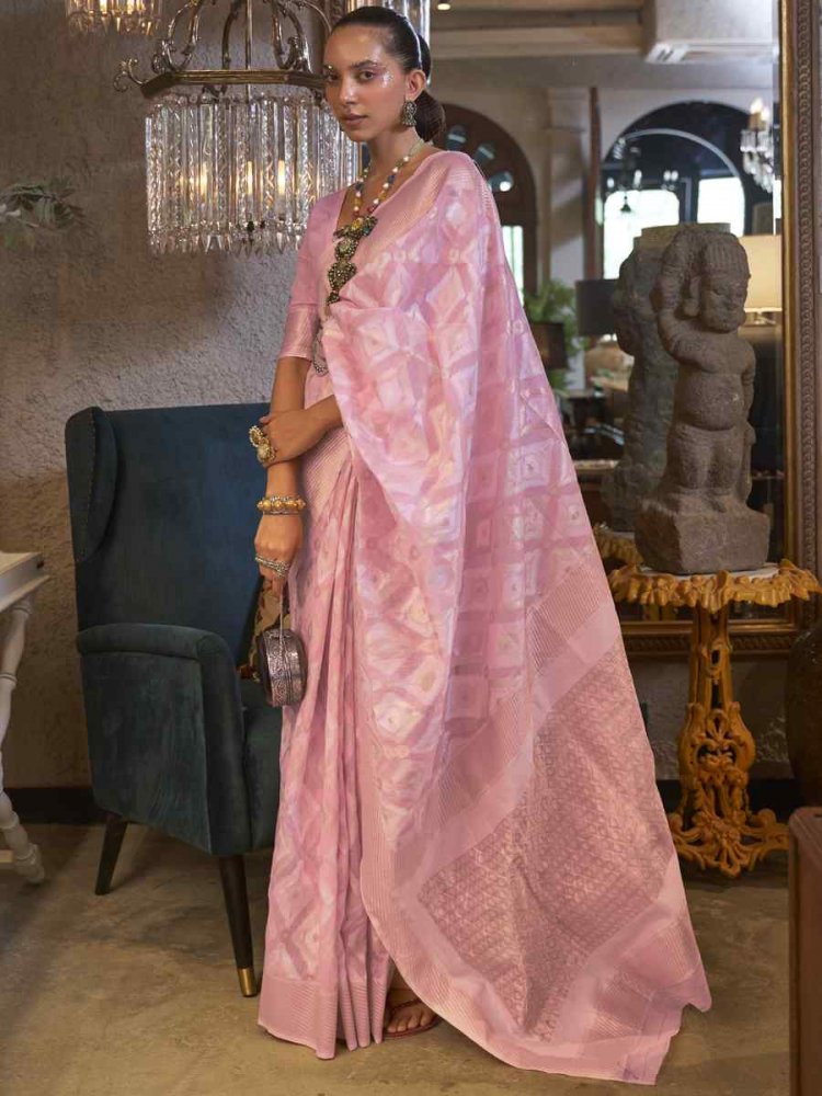 Pink Pure Linen Handwoven Wedding Festival Heavy Border Saree