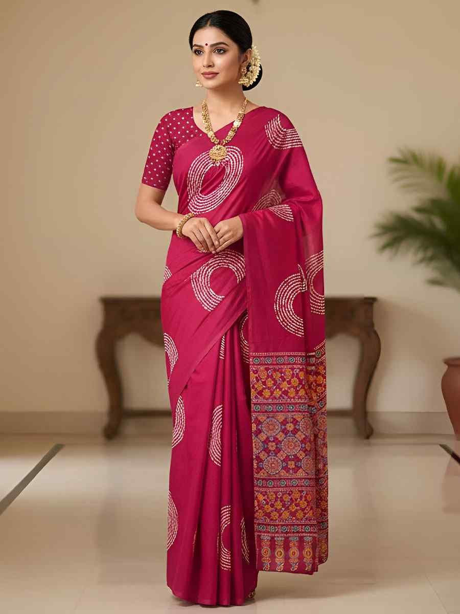 Pink Pure Mul Cotton Bhandej Printed Traditional Bridal Reception Festival Wedding Fancy Heavy Border Saree