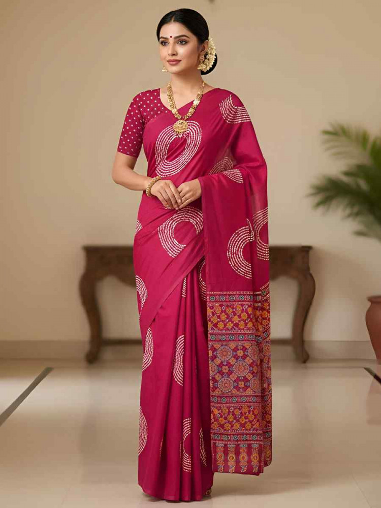 Image of Pink Pure Mul Cotton Bhandej Printed Traditional Bridal Reception Festival Wedding Fancy Heavy Border Saree