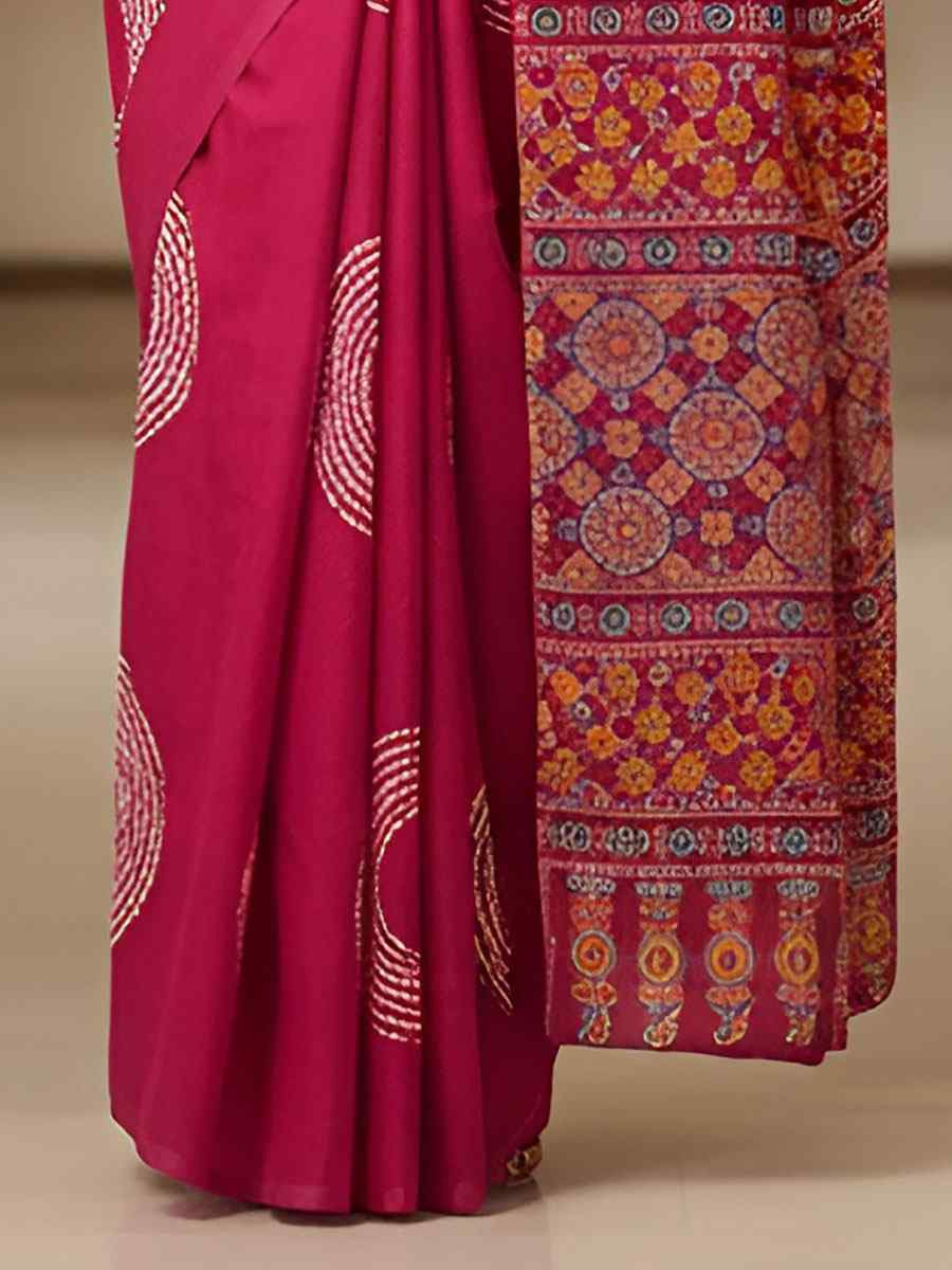 Pink Pure Mul Cotton Bhandej Printed Traditional Bridal Reception Festival Wedding Fancy Heavy Border Saree