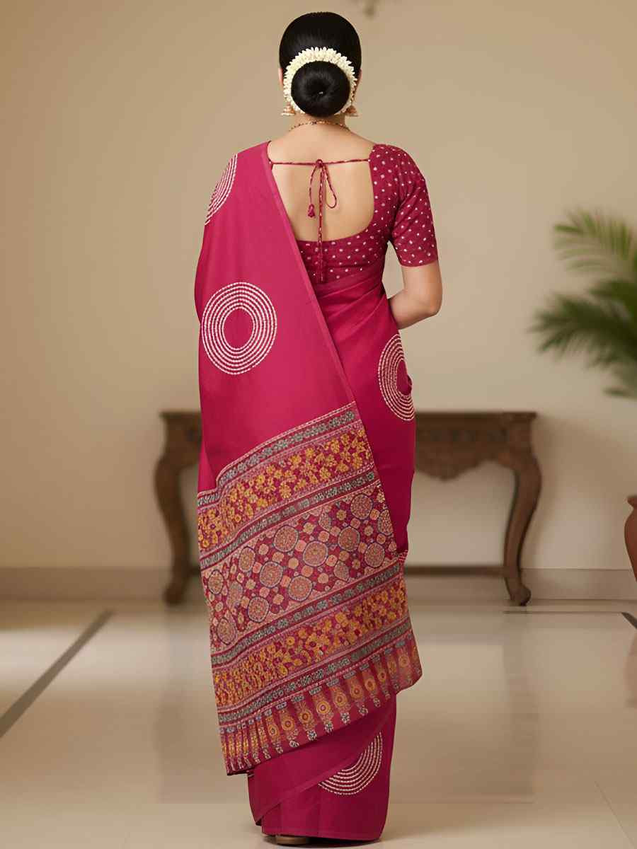 Pink Pure Mul Cotton Bhandej Printed Traditional Bridal Reception Festival Wedding Fancy Heavy Border Saree