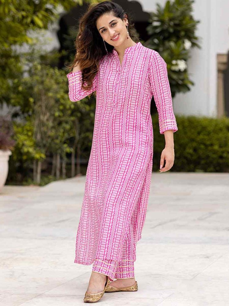 Pink Pure Muslin Printed Festival Casual Kurti With Bottom