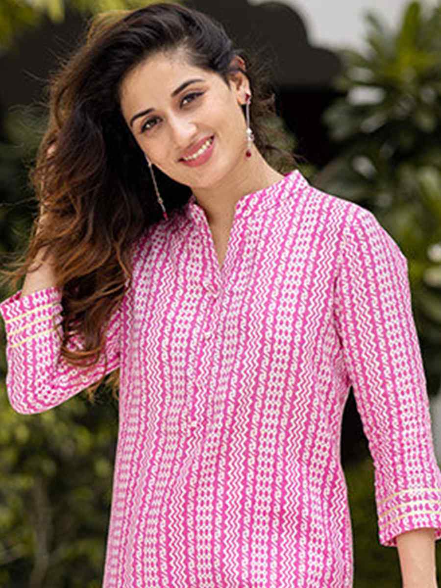 Pink Pure Muslin Printed Festival Casual Kurti
