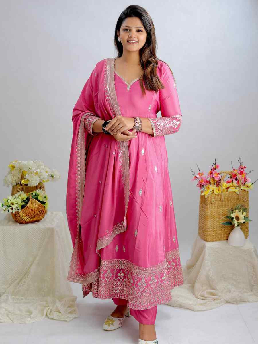 Pink Pure Natural Crep Embroidered Festival Casual Ready Anarkali Salwar Kameez