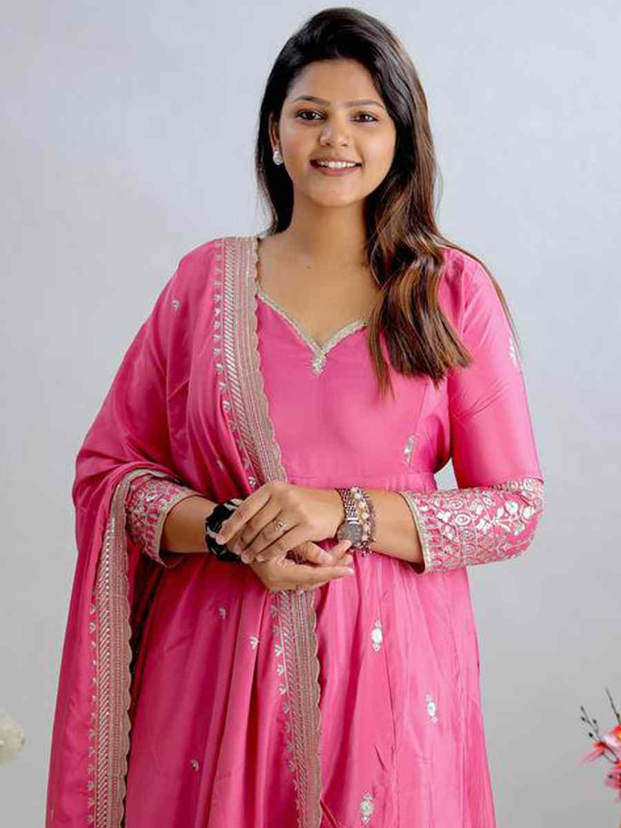 Pink Pure Natural Crep Embroidered Festival Casual Ready Anarkali Salwar Kameez