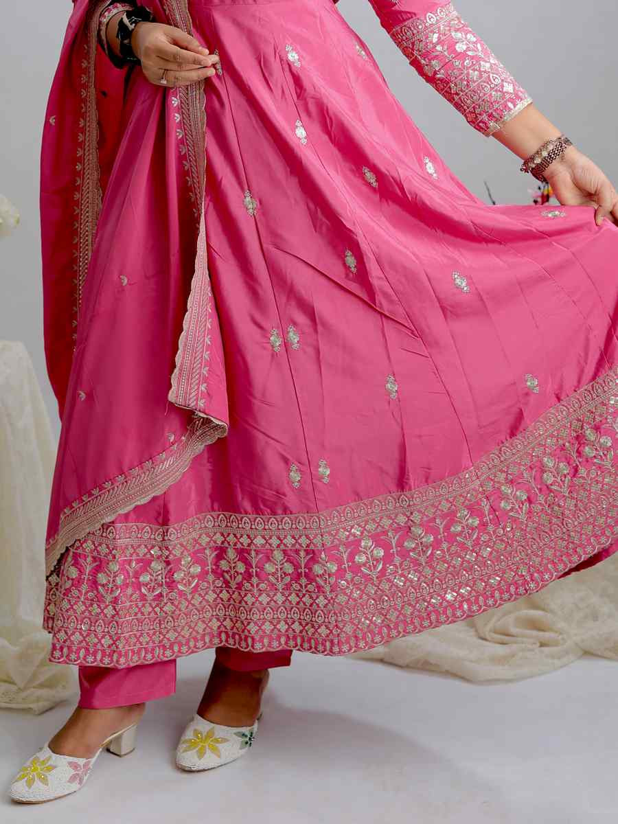 Pink Pure Natural Crep Embroidered Festival Casual Ready Anarkali Salwar Kameez