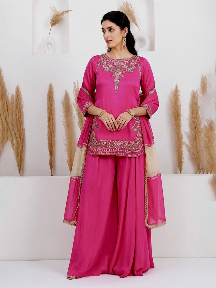 Image of Pink Pure Natural Crepe Silk Embroidery Sequins Wedding Party Festival Casual Ready Palazzo Pant Salwar Kameez