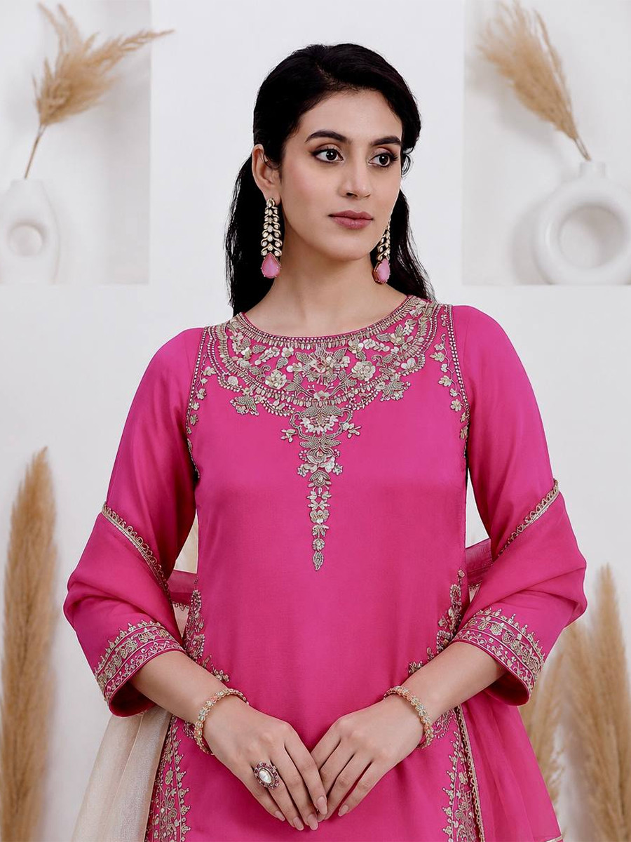 Pink Pure Natural Crepe Silk Embroidery Sequins Wedding Party Festival Casual Ready Palazzo Pant Salwar Kameez