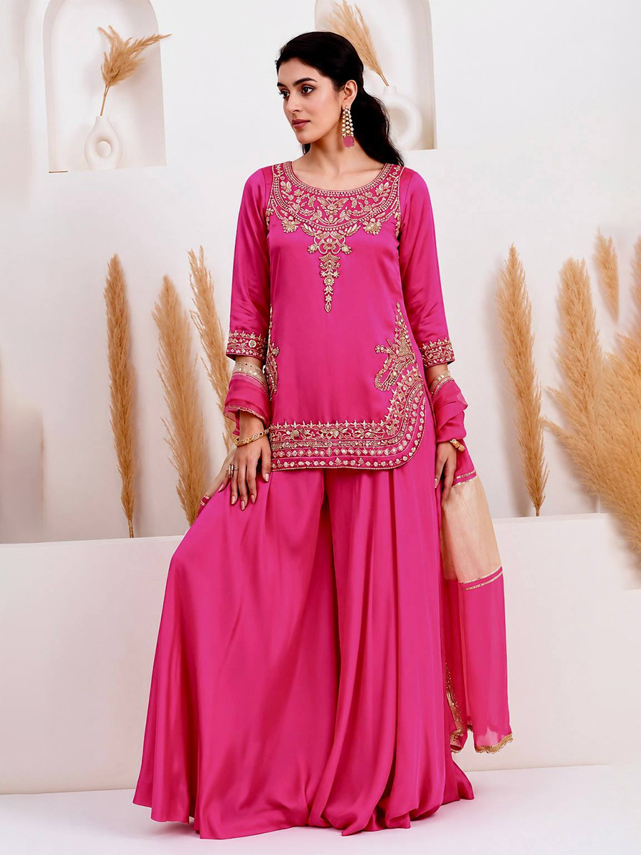 Pink Pure Natural Crepe Silk Embroidery Sequins Wedding Party Festival Casual Ready Palazzo Pant Salwar Kameez