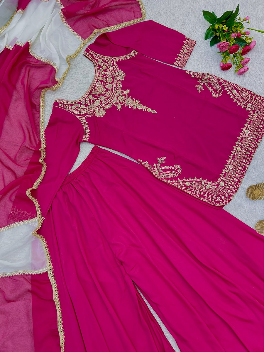 Pink Pure Natural Crepe Silk Embroidery Sequins Wedding Party Festival Casual Ready Palazzo Pant Salwar Kameez