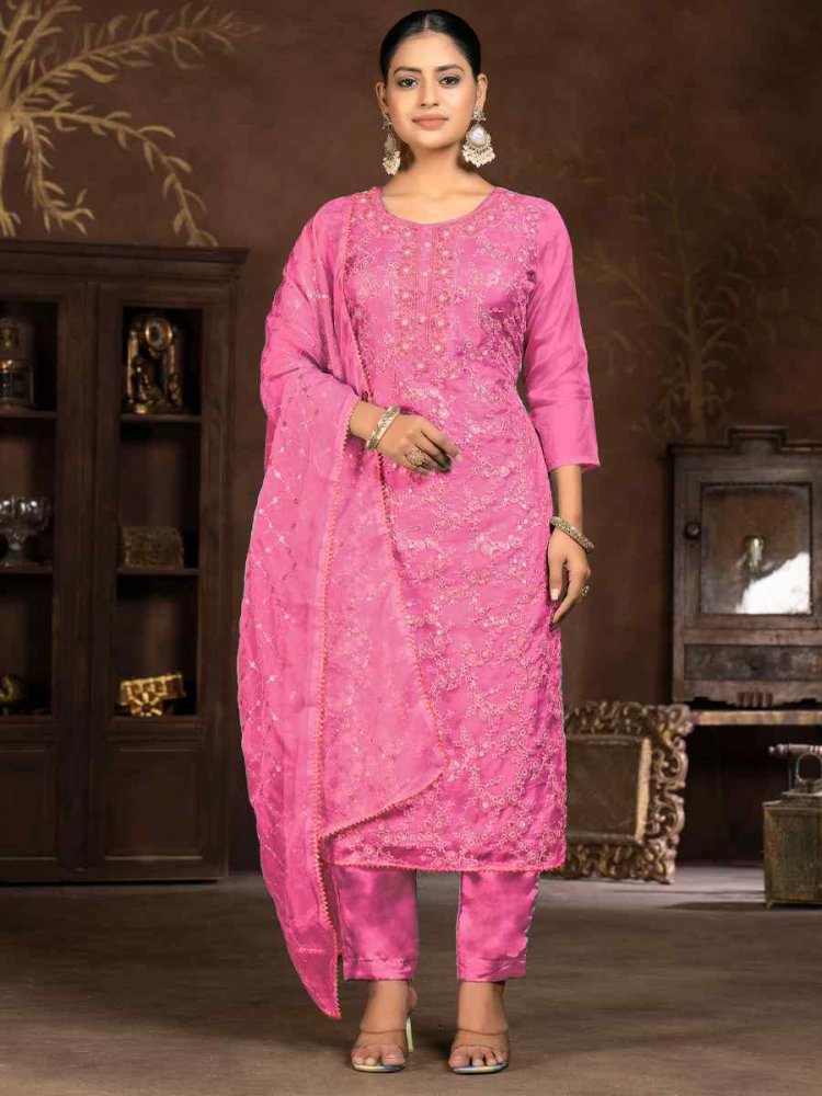 Pink Pure Organza Embroidered Casual Festival Pant Salwar Kameez