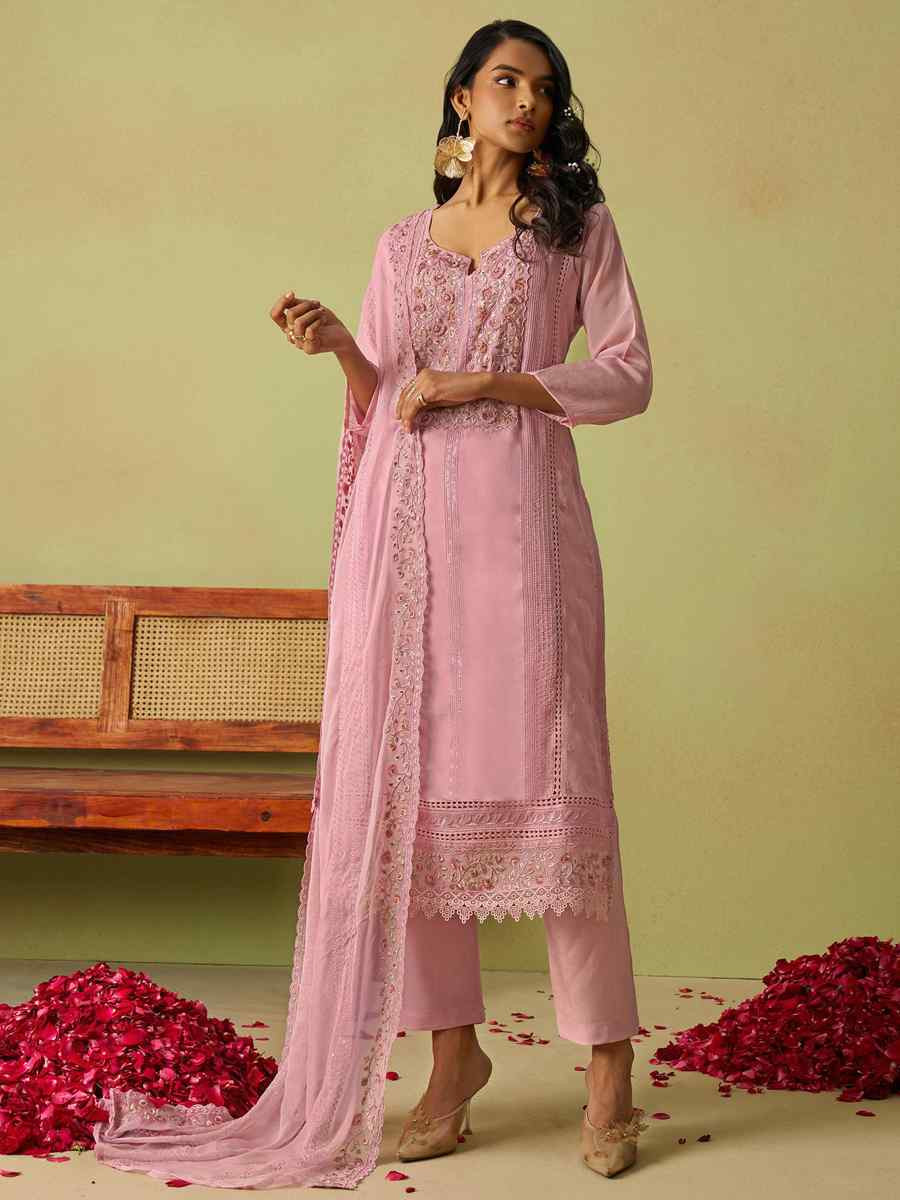 Pink Pure Organza Embroidered Mehendi Wedding Ready Pant Salwar Kameez