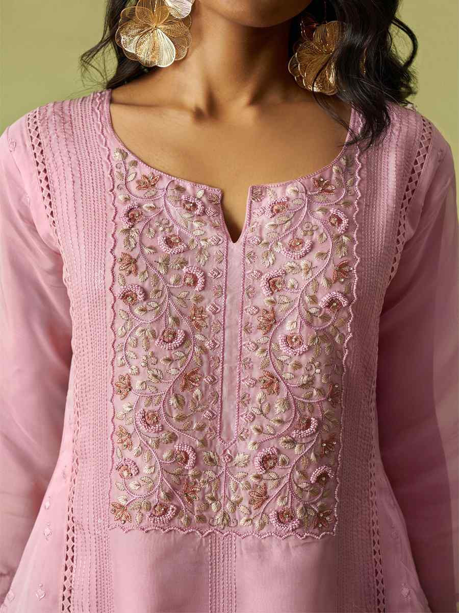 Pink Pure Organza Embroidered Mehendi Wedding Ready Pant Salwar Kameez