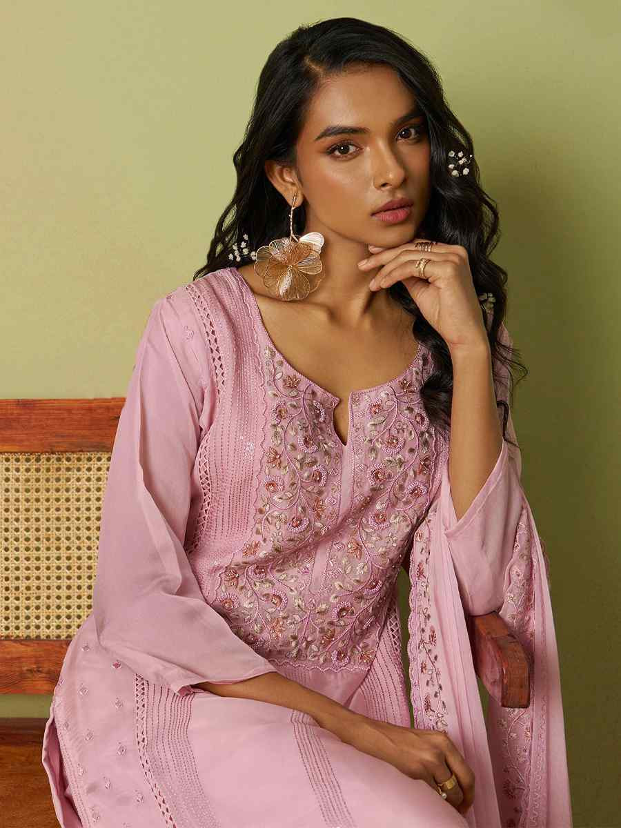 Pink Pure Organza Embroidered Mehendi Wedding Ready Pant Salwar Kameez