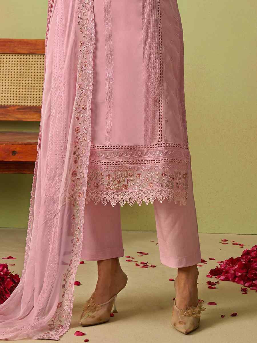 Pink Pure Organza Embroidered Mehendi Wedding Ready Pant Salwar Kameez