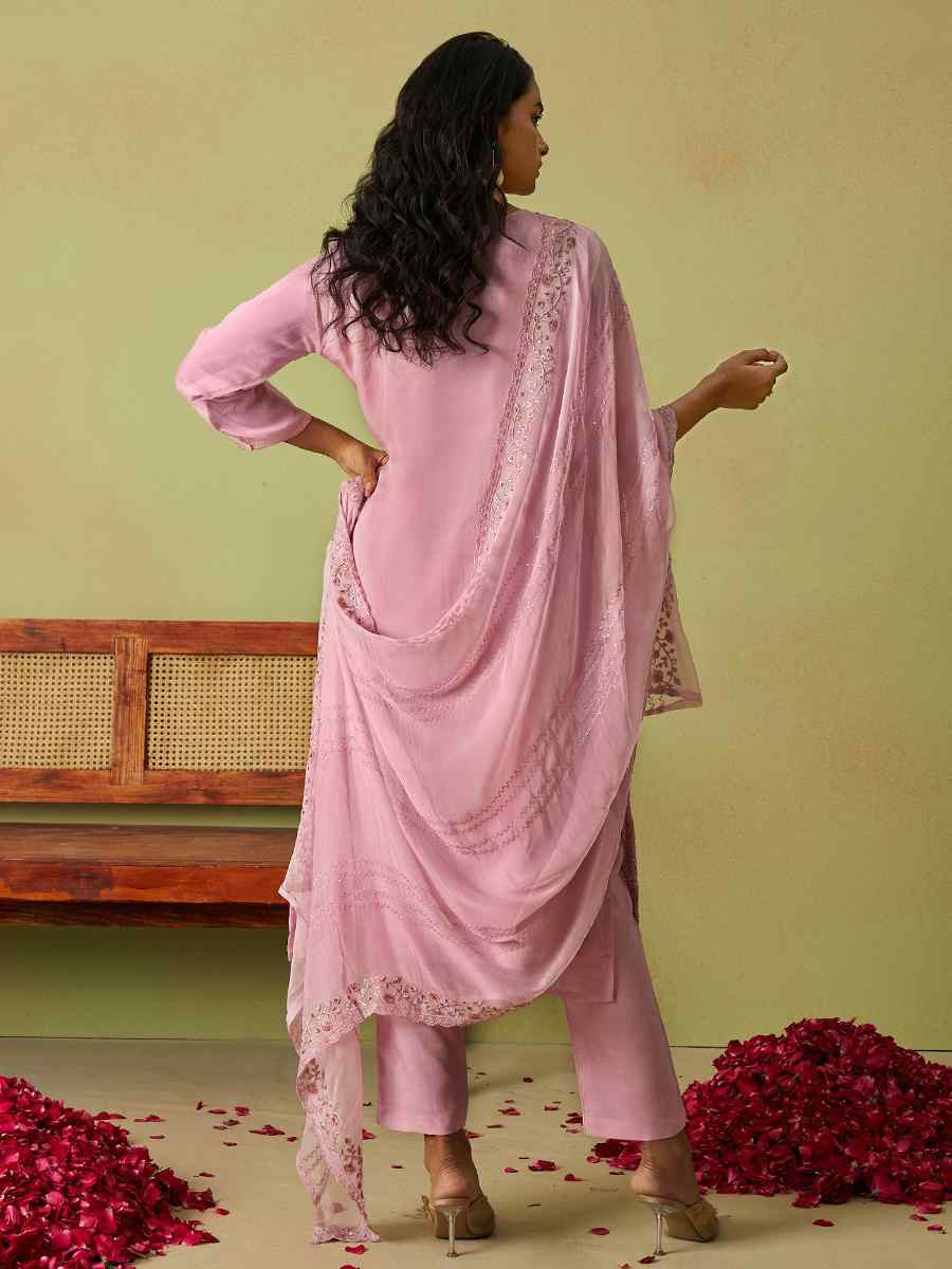 Pink Pure Organza Embroidered Mehendi Wedding Ready Pant Salwar Kameez