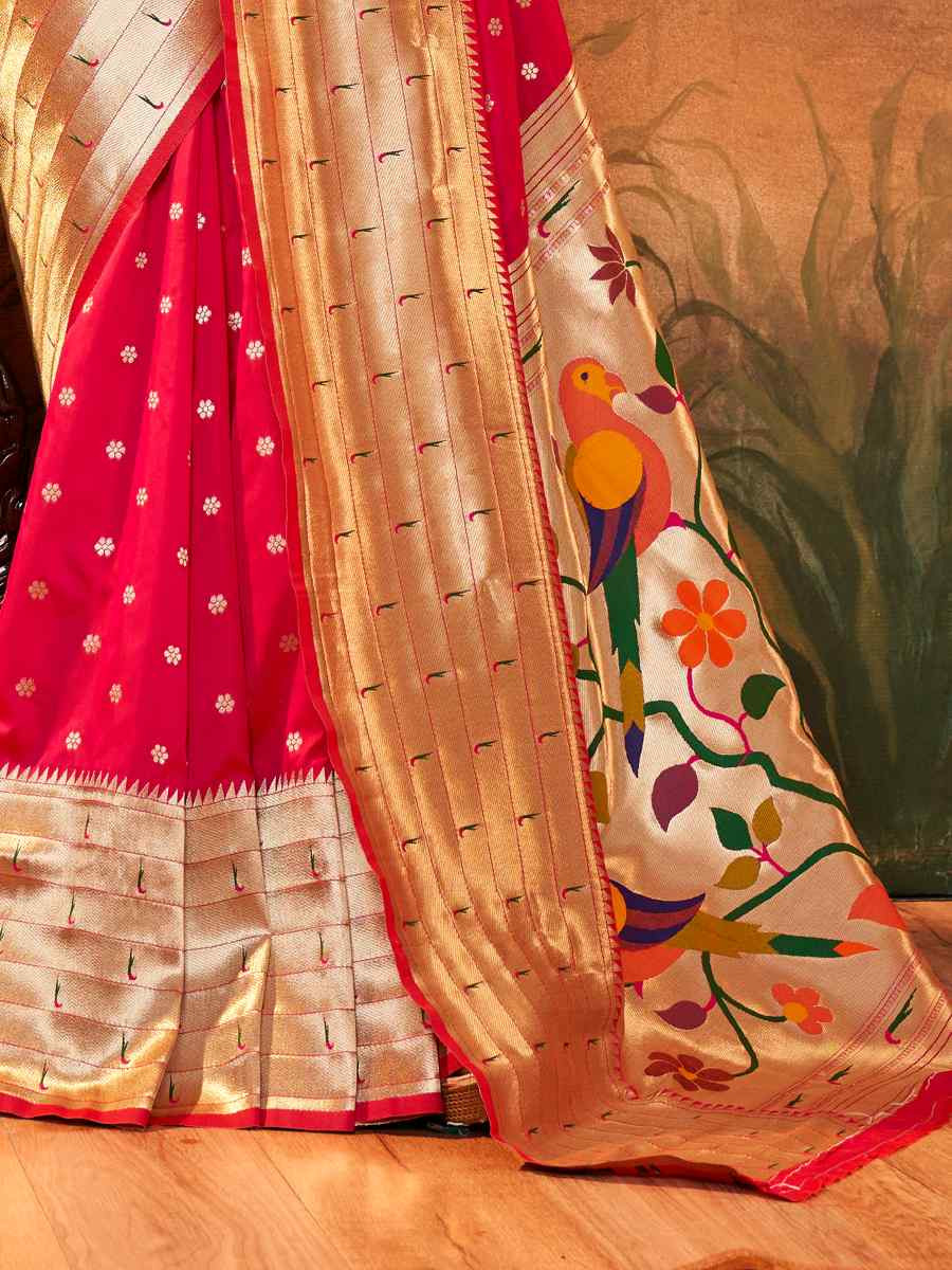 Pink Pure Paithani Silk Handwoven Festival Wedding Heavy Border Saree