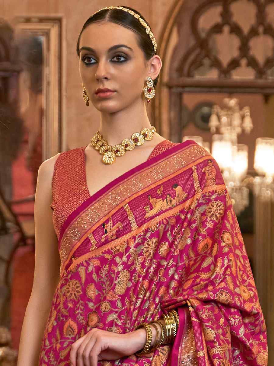 Pink Pure Patola Handwoven Wedding Festival Classic Style Saree