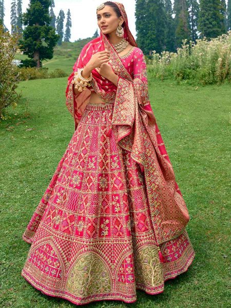 Pink Pure Raw Silk Embroidered Bridal Wedding Heavy Border Lehenga Choli